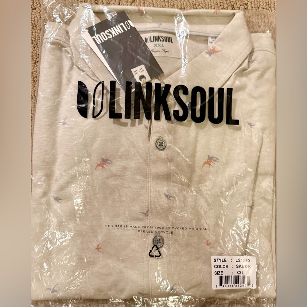 NWT Linksoul Beige Swallow Patterned Button Down Shirt, Sz XXL, Orig $90